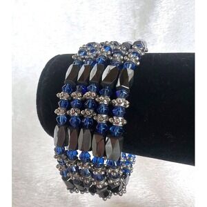 Vintage Magnetic Hematite Cobalt Blue Beaded Wrap Bracelet‎ Cuff Y2K Festival